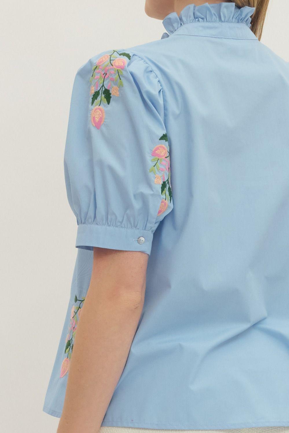 Chambray Solid Short Puff Sleeve Embroidered Top