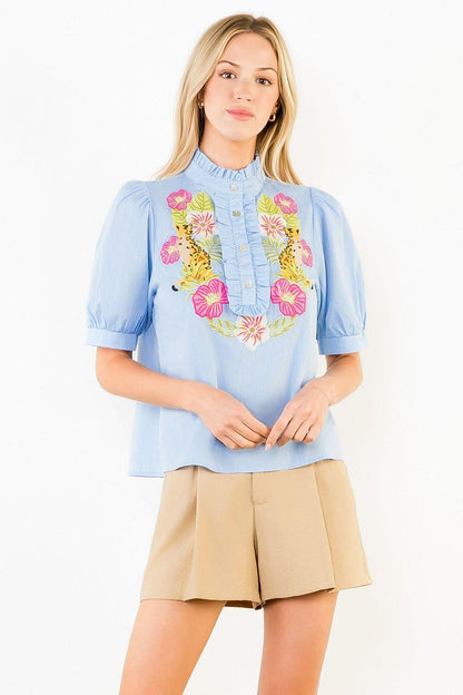 Embroidered Top with Ruffled Details