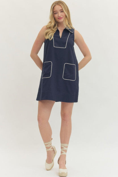 Contrast Front Pocket Sleeveless Mini Dress