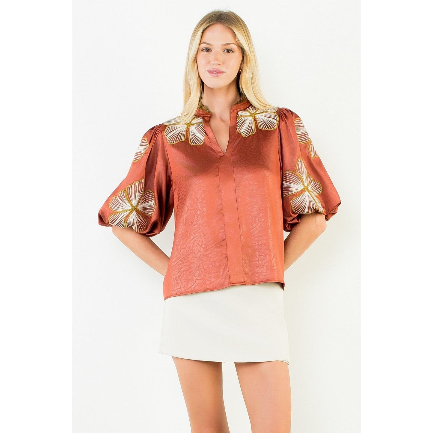 Shiny High Neck Floral Embroidery Top