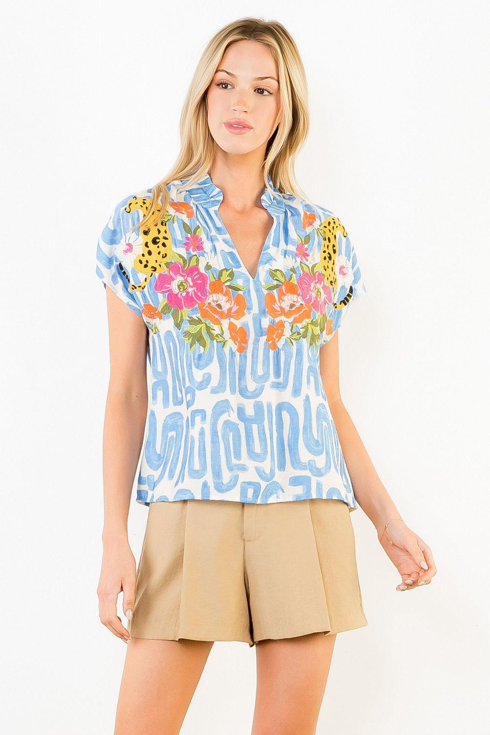 Flower and Cheetah Embroidered Top
