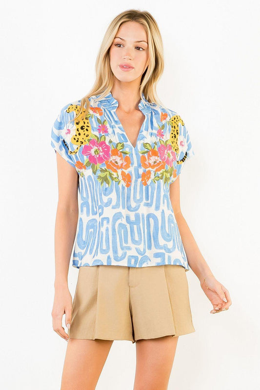 Flower and Cheetah Embroidered Top