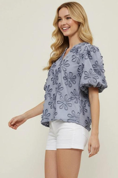 STRIPED FLORAL EMBROIDERED BLOUSE TOP