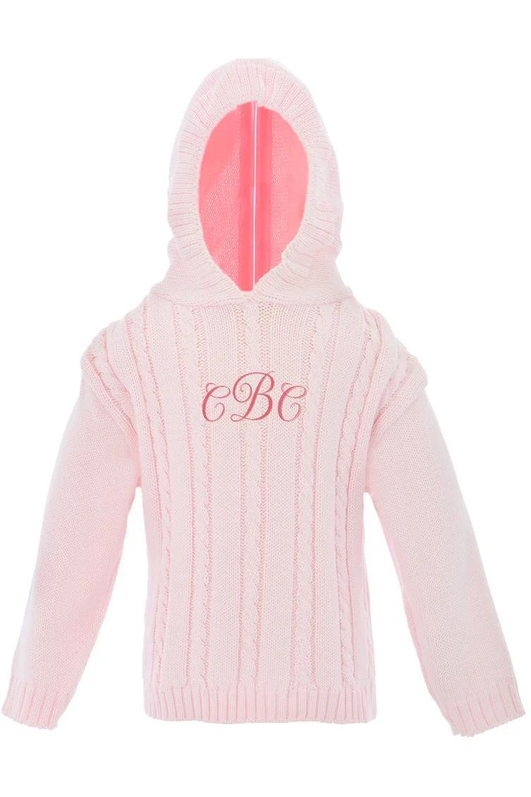 Monogrammed Cable Knit Hooded Zip Back Sweater