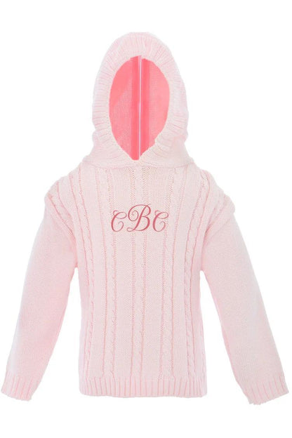 Monogrammed Cable Knit Hooded Zip Back Sweater