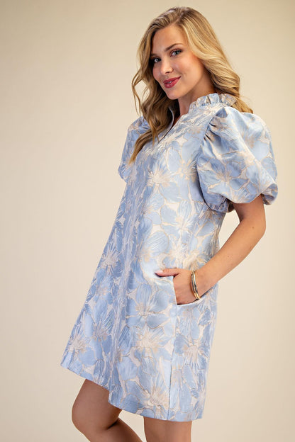 Ruffle V-Neck Puff Sleeve Mini Dress