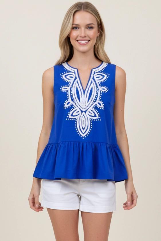 Embroidered Sleeveless Peplum Top