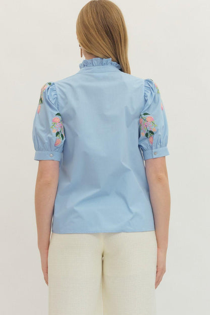 Chambray Solid Short Puff Sleeve Embroidered Top