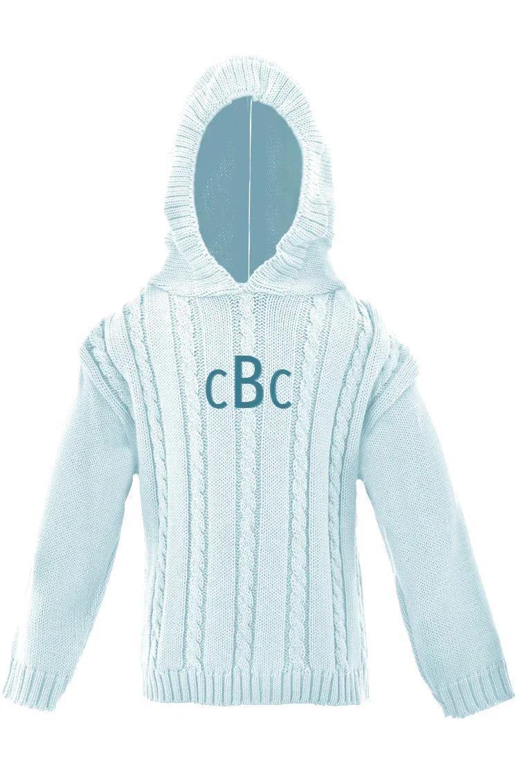 Monogrammed Cable Knit Hooded Zip Back Sweater