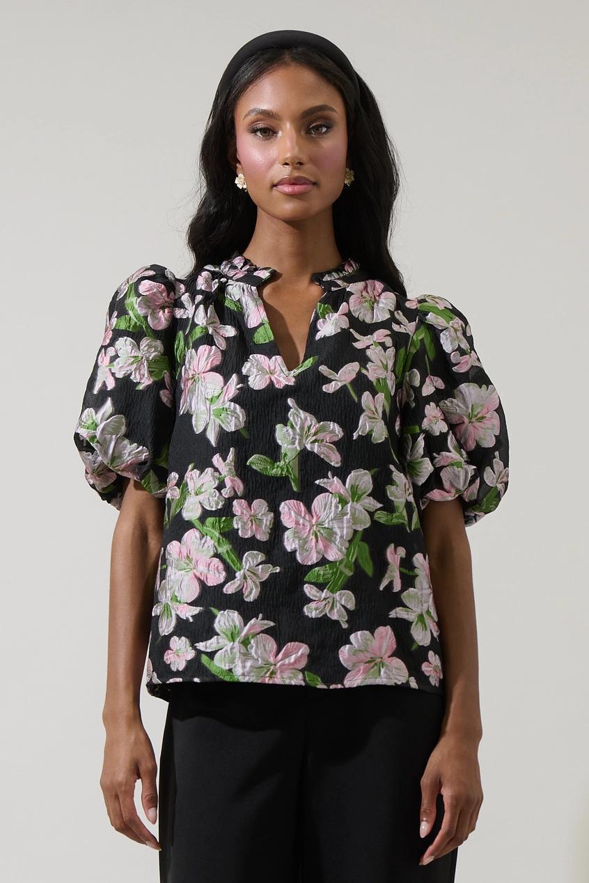 Elsinore Floral Jacquard Split Neck Top