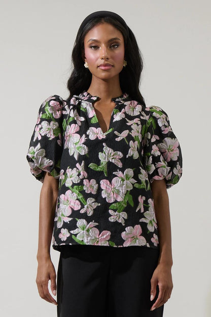 Elsinore Floral Jacquard Split Neck Top