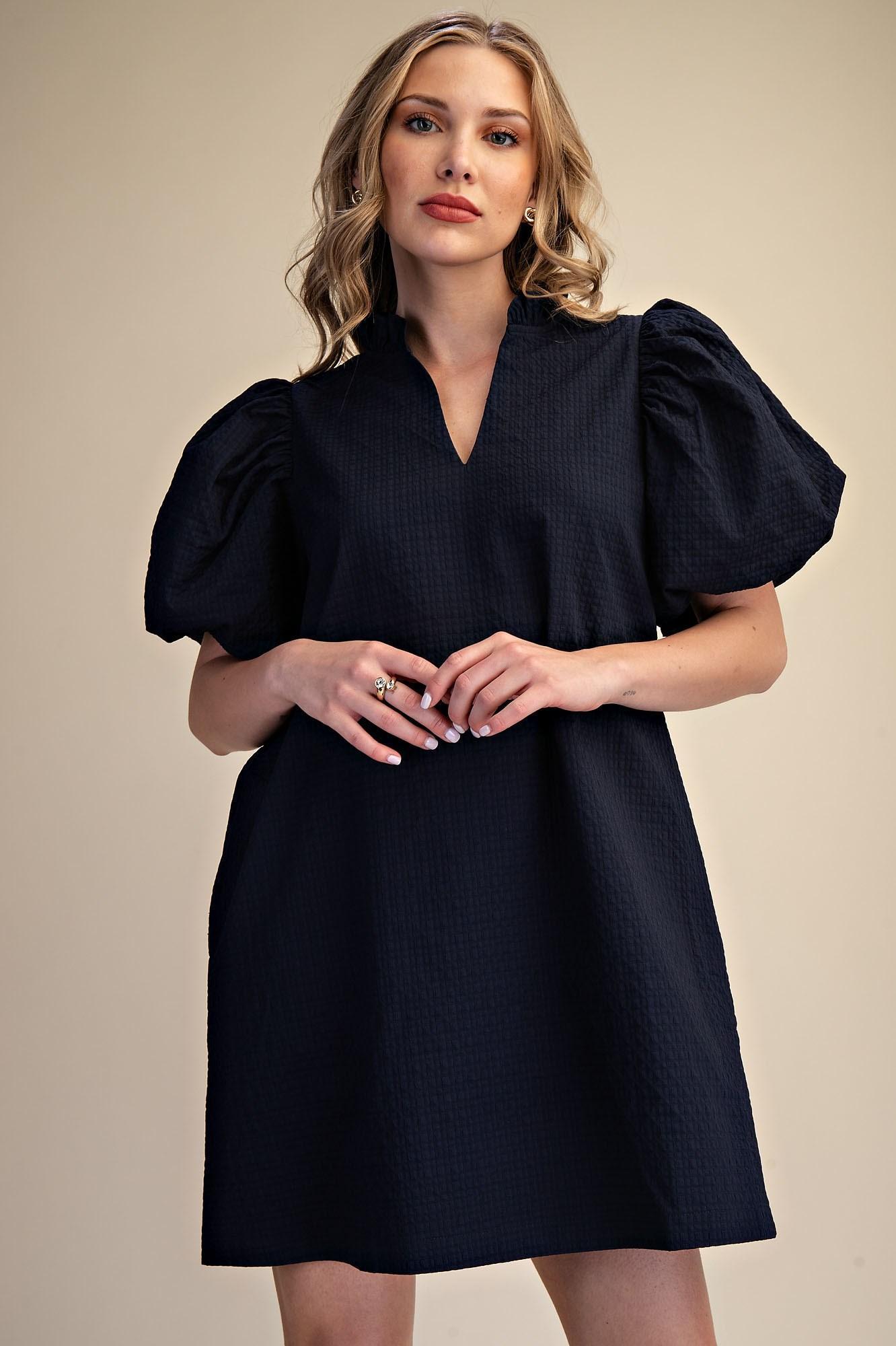 Textured Fabric Ruffle V-Neck Puff Sleeve Mini Dress