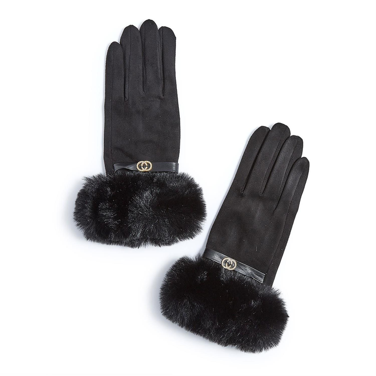 Monroe Glove with Rhinestone Bit and Faux Fur Cuff Microsuede with Touchscreen Fingertips