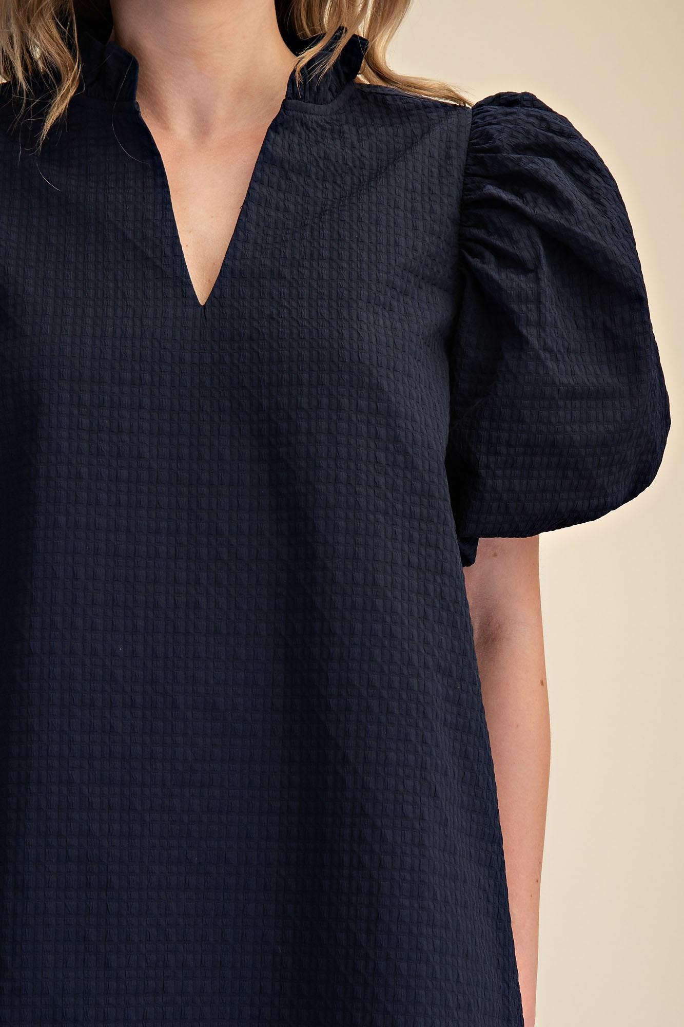 Textured Fabric Ruffle V-Neck Puff Sleeve Mini Dress