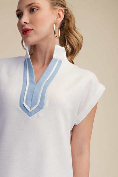 Stand Collar Contrast Placket Sleeveless Relaxed Fit Mini Dress